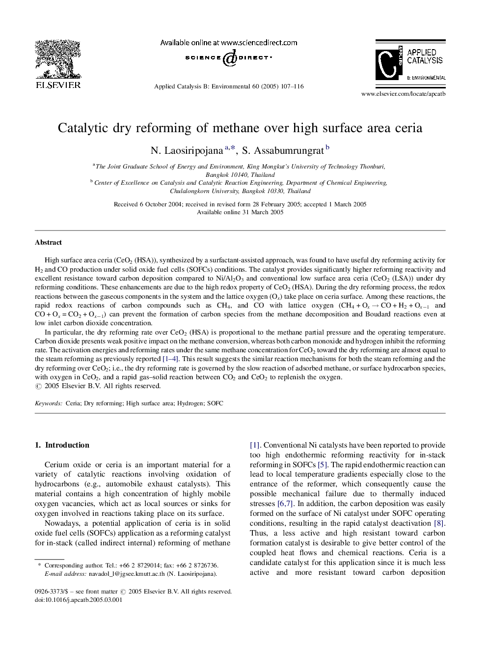 Catalytic dry reforming of methane over high surface area ceria