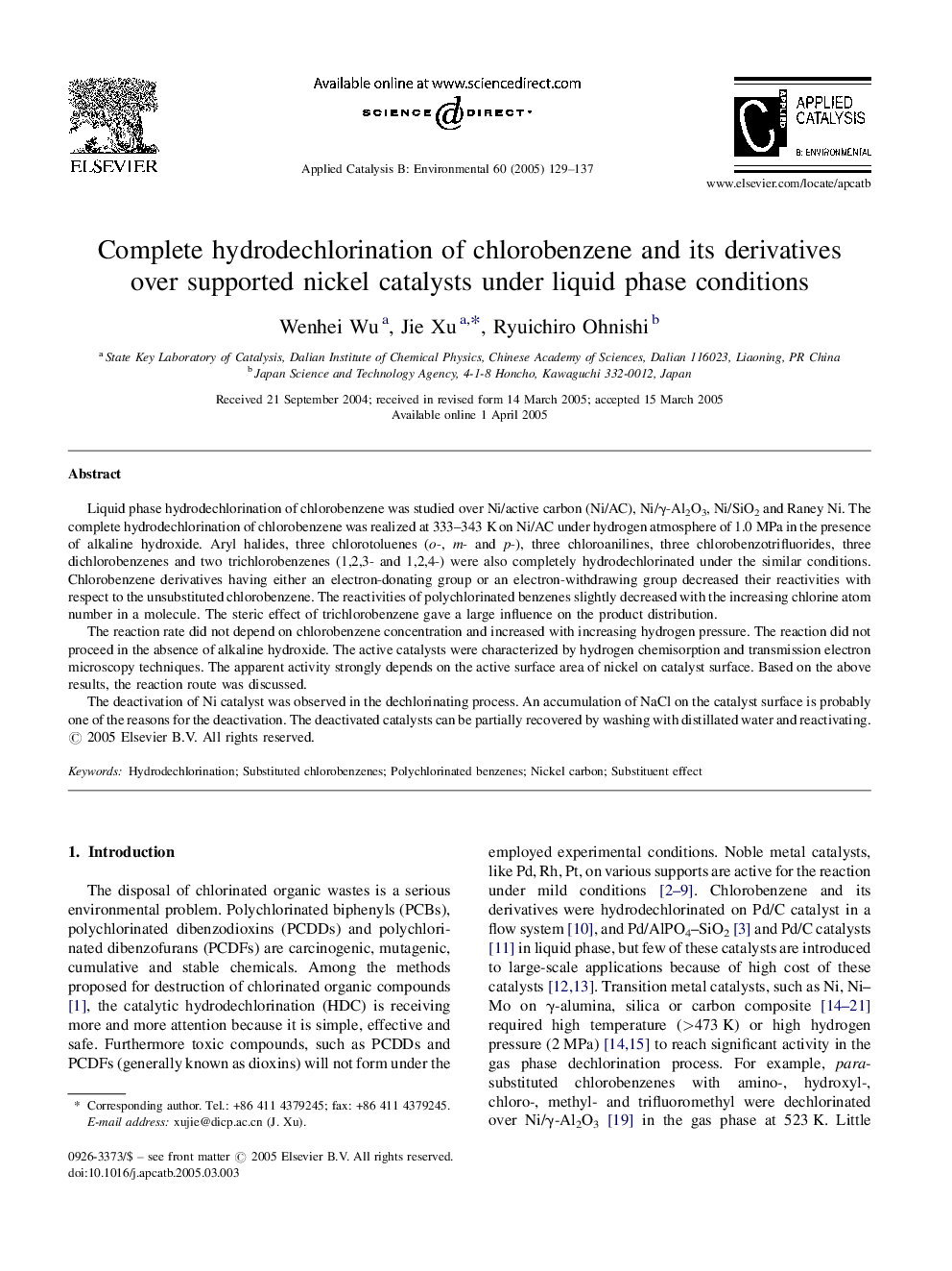 Complete hydrodechlorination of chlorobenzene and its derivatives over supported nickel catalysts under liquid phase conditions