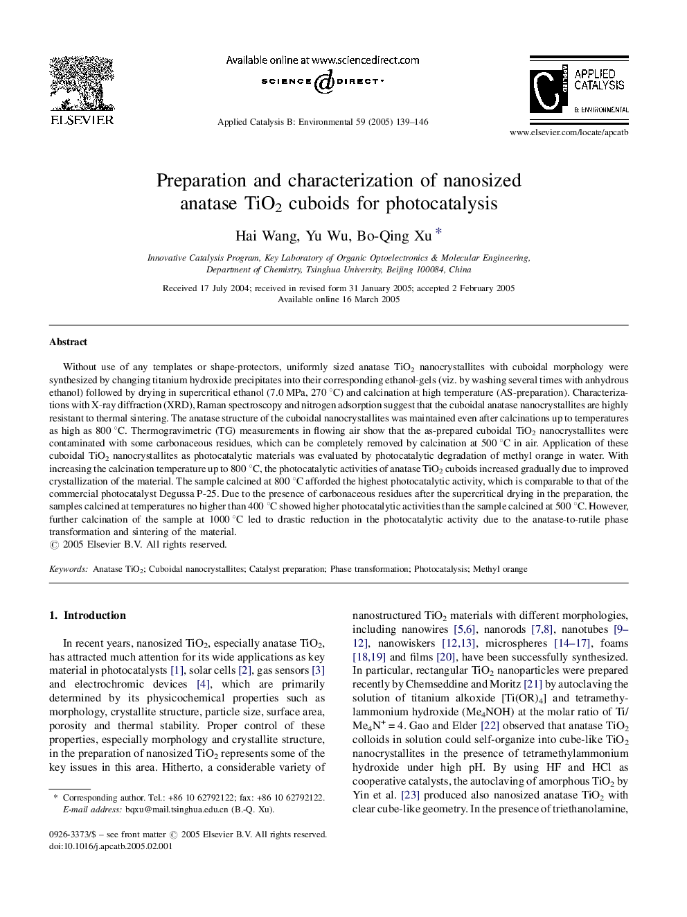 Preparation and characterization of nanosized anatase TiO2 cuboids for photocatalysis