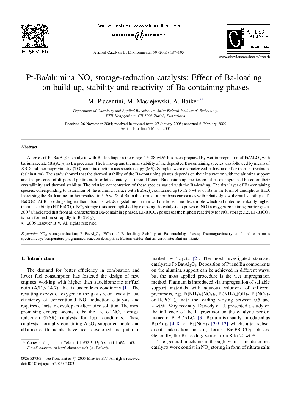 Pt-Ba/alumina NOx storage-reduction catalysts: Effect of Ba-loading on build-up, stability and reactivity of Ba-containing phases