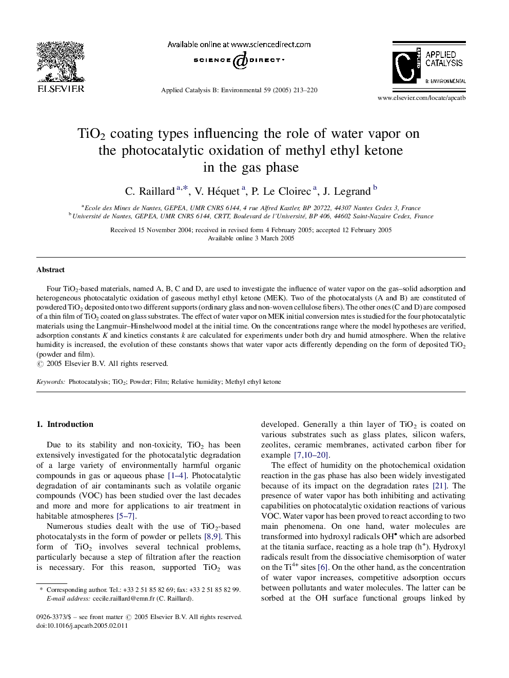 عکس صفحه اول مقاله: TiO2 coating types influencing the role of water vapor on the photocatalytic oxidation of methyl ethyl ketone in the gas phase TiO2 coating types influencing the role of water vapor on the photocatalytic oxidation of methyl ethyl ketone in the gas phase