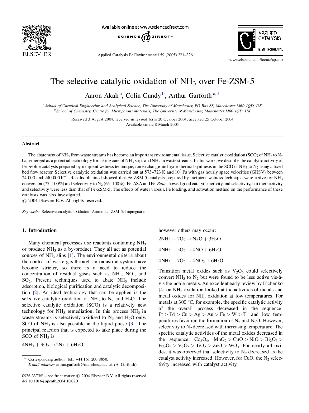 The selective catalytic oxidation of NH3 over Fe-ZSM-5