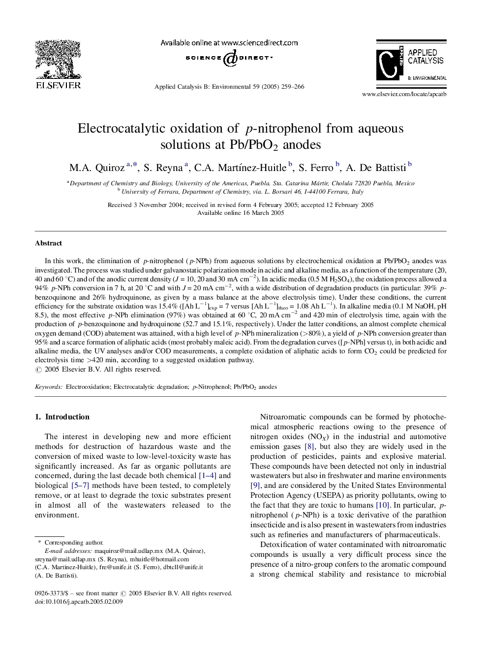 Electrocatalytic oxidation of p-nitrophenol from aqueous solutions at Pb/PbO2 anodes