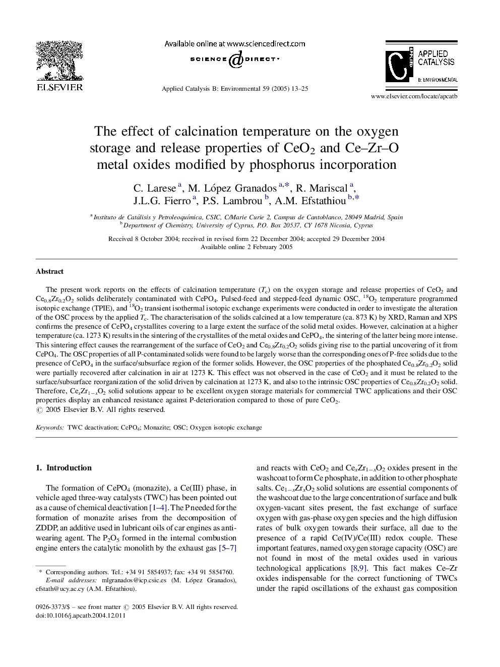 The effect of calcination temperature on the oxygen storage and release properties of CeO2 and Ce-Zr-O metal oxides modified by phosphorus incorporation