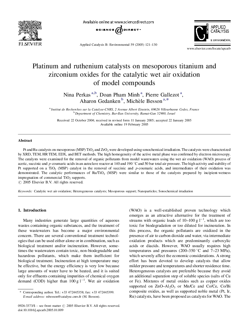 Platinum and ruthenium catalysts on mesoporous titanium and zirconium oxides for the catalytic wet air oxidation of model compounds