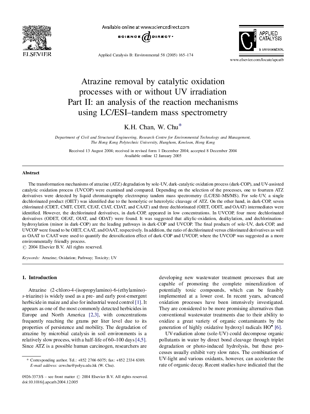 Atrazine removal by catalytic oxidation processes with or without UV irradiation