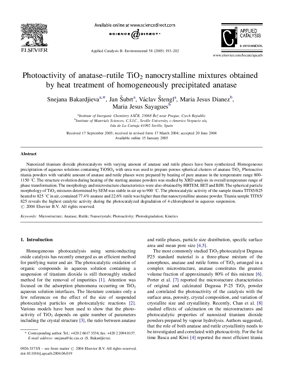 Photoactivity of anatase-rutile TiO2 nanocrystalline mixtures obtained by heat treatment of homogeneously precipitated anatase