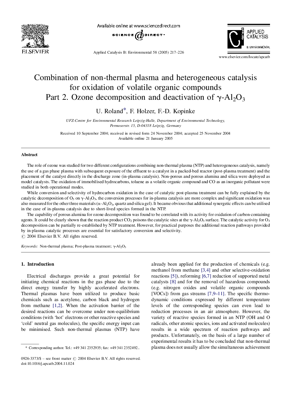 عکس صفحه اول مقاله: Combination of non-thermal plasma and heterogeneous catalysis for oxidation of volatile organic compounds Combination of non-thermal plasma and heterogeneous catalysis for oxidation of volatile organic compounds