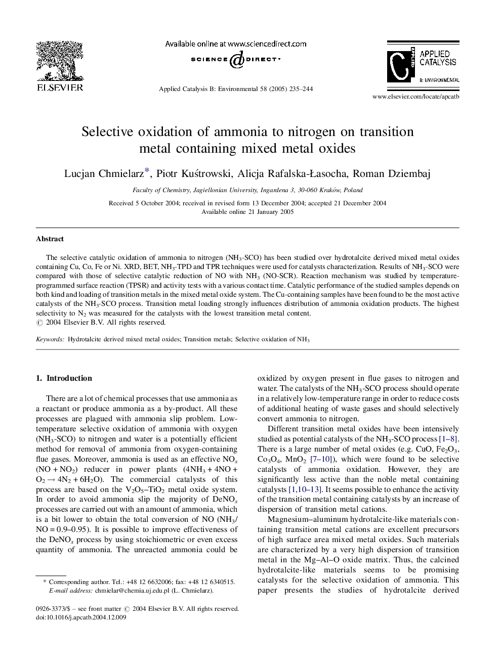 Selective oxidation of ammonia to nitrogen on transition metal containing mixed metal oxides