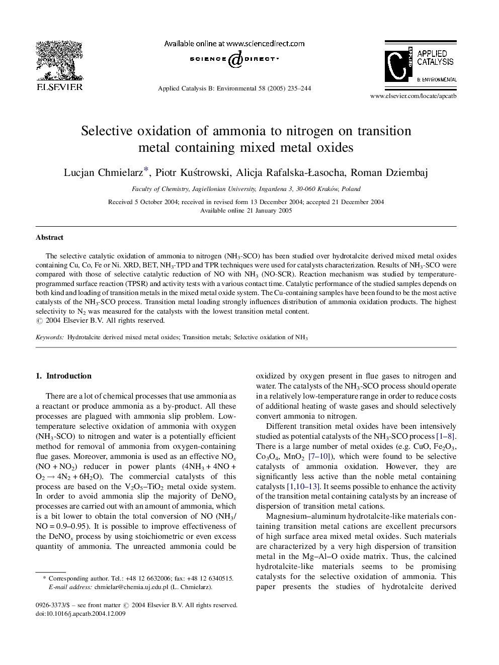 عکس صفحه اول مقاله: Selective oxidation of ammonia to nitrogen on transition metal containing mixed metal oxides Selective oxidation of ammonia to nitrogen on transition metal containing mixed metal oxides