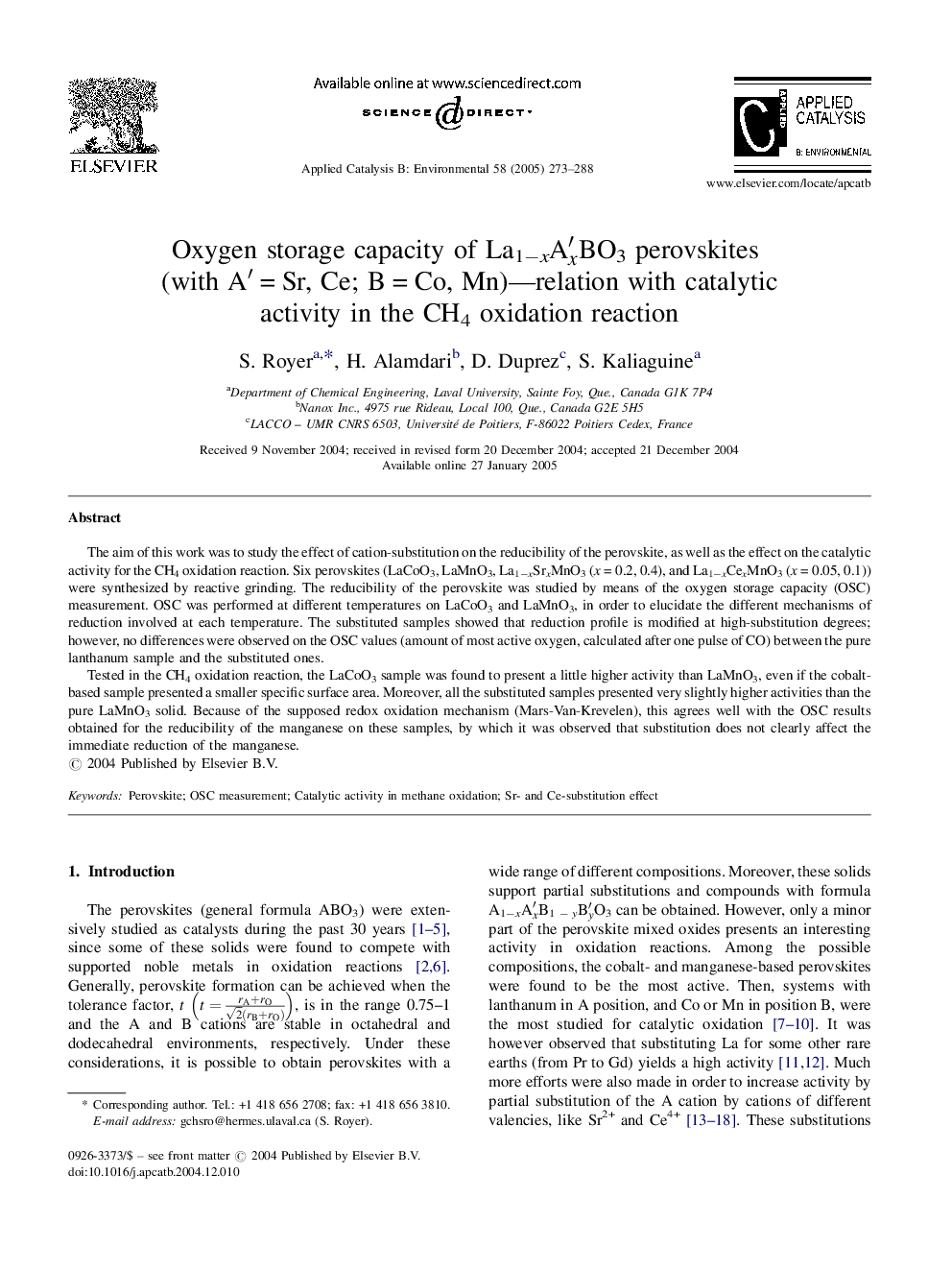 Oxygen storage capacity of La1âxAâ²xBO3 perovskites (with Aâ²Â =Â Sr, Ce; BÂ =Â Co, Mn)-relation with catalytic activity in the CH4 oxidation reaction