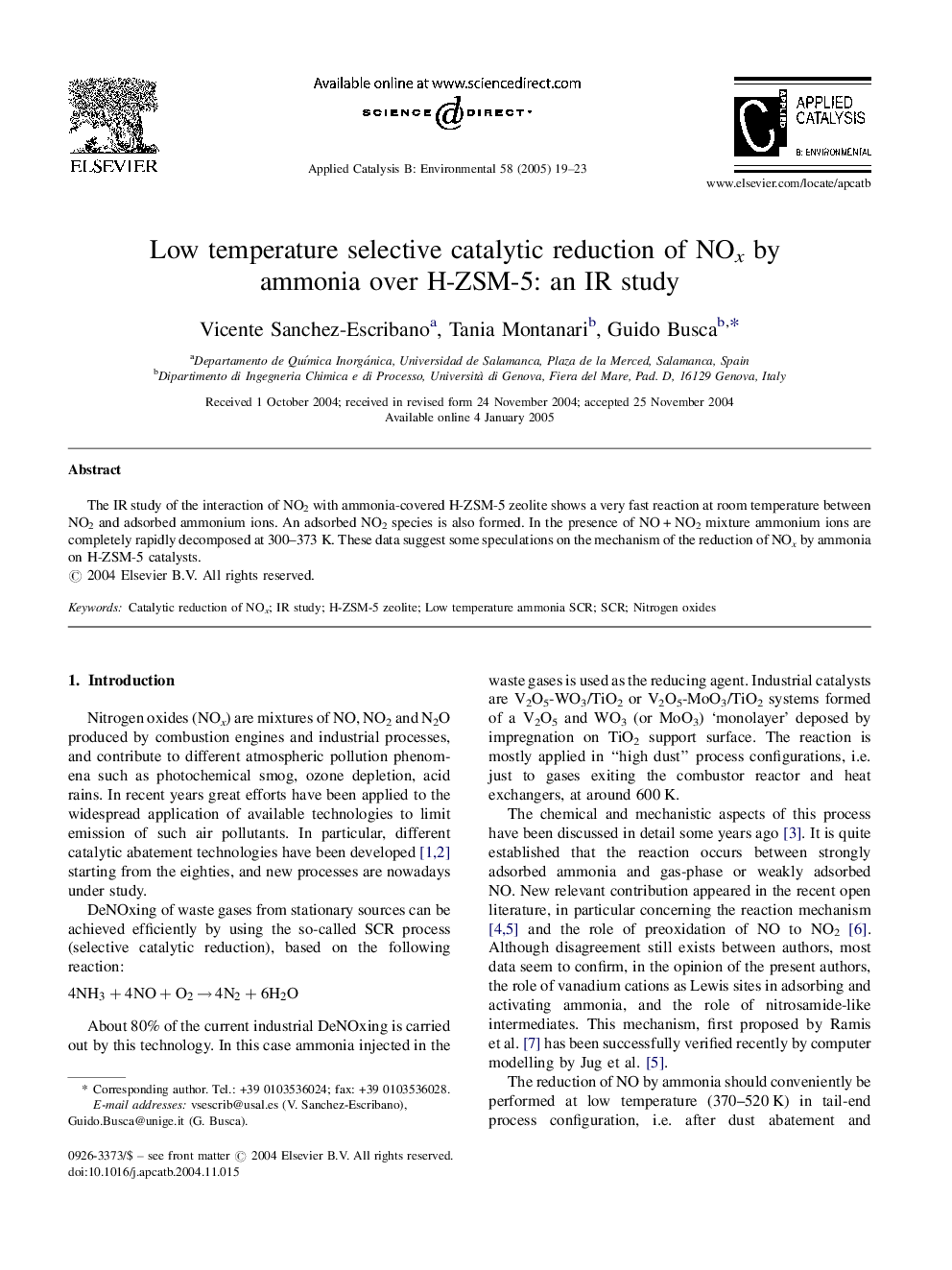 Low temperature selective catalytic reduction of NOx by ammonia over H-ZSM-5: an IR study