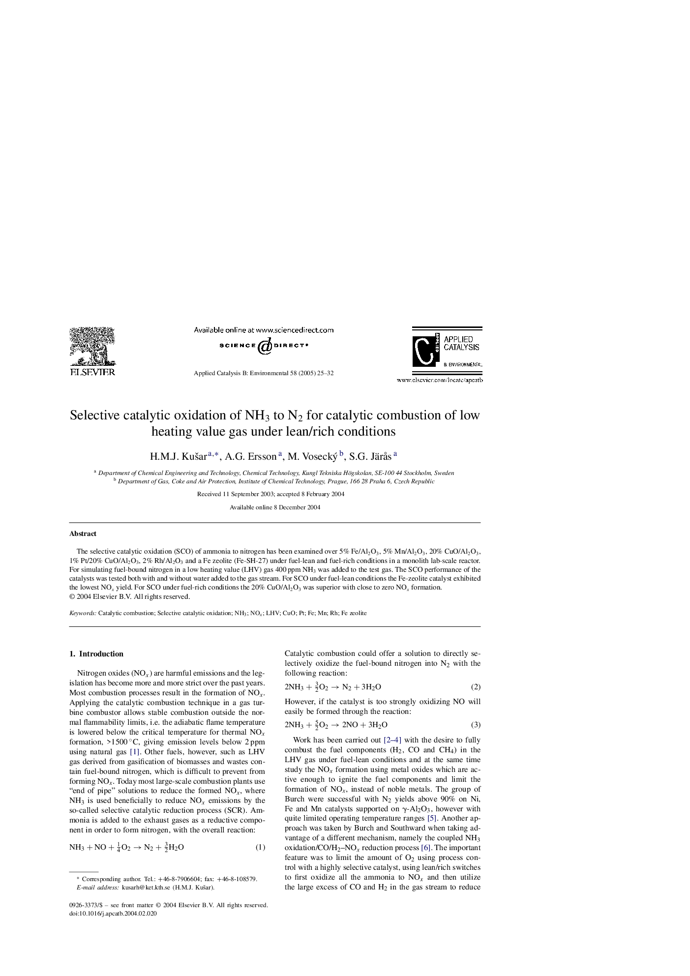 Selective catalytic oxidation of NH3 to N2 for catalytic combustion of low heating value gas under lean/rich conditions