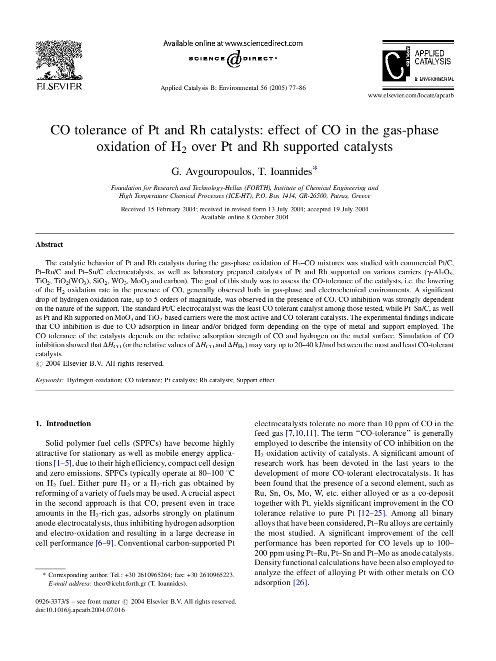 CO tolerance of Pt and Rh catalysts: effect of CO in the gas-phase oxidation of H2 over Pt and Rh supported catalysts