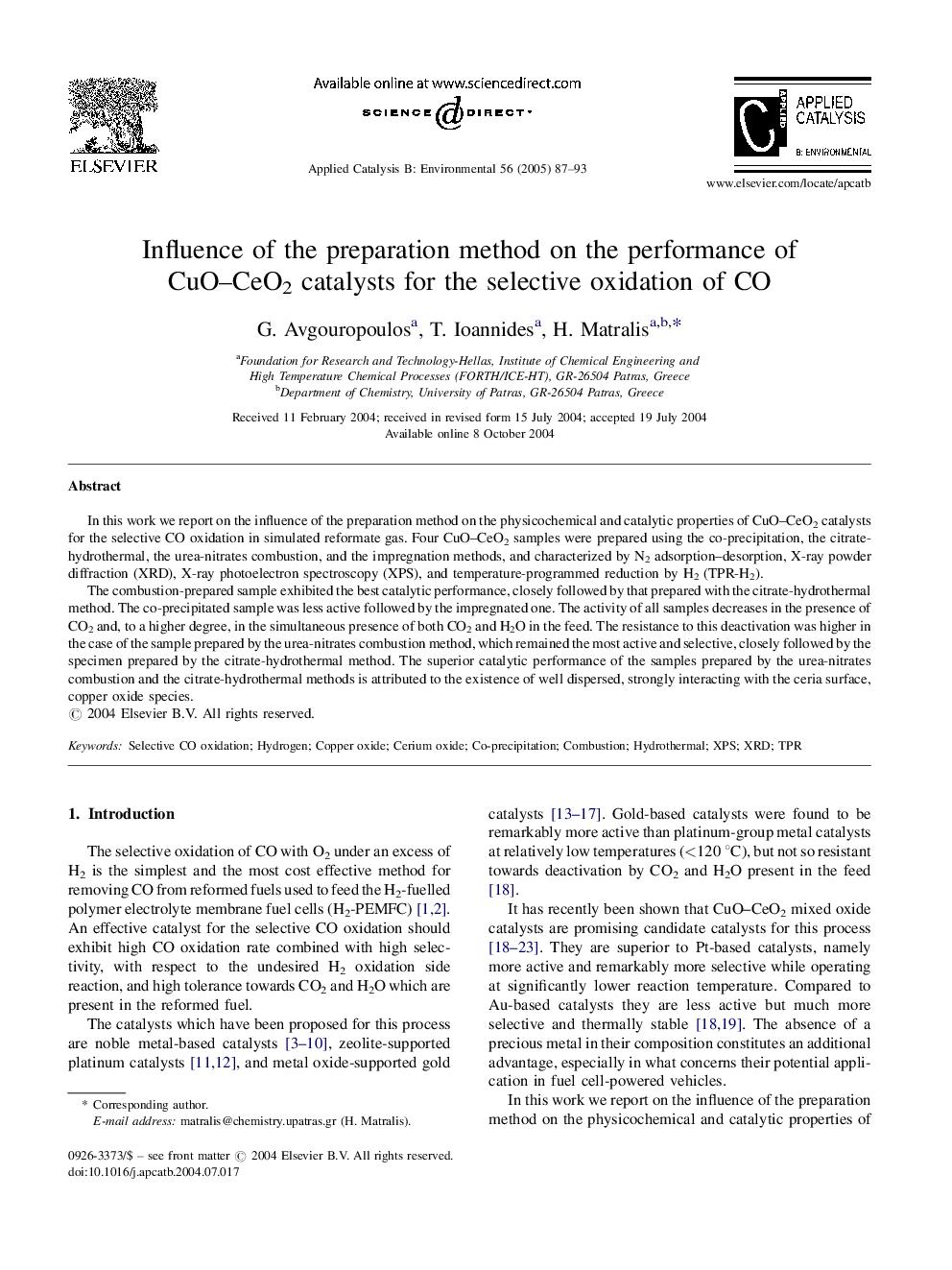 Influence of the preparation method on the performance of CuO-CeO2 catalysts for the selective oxidation of CO