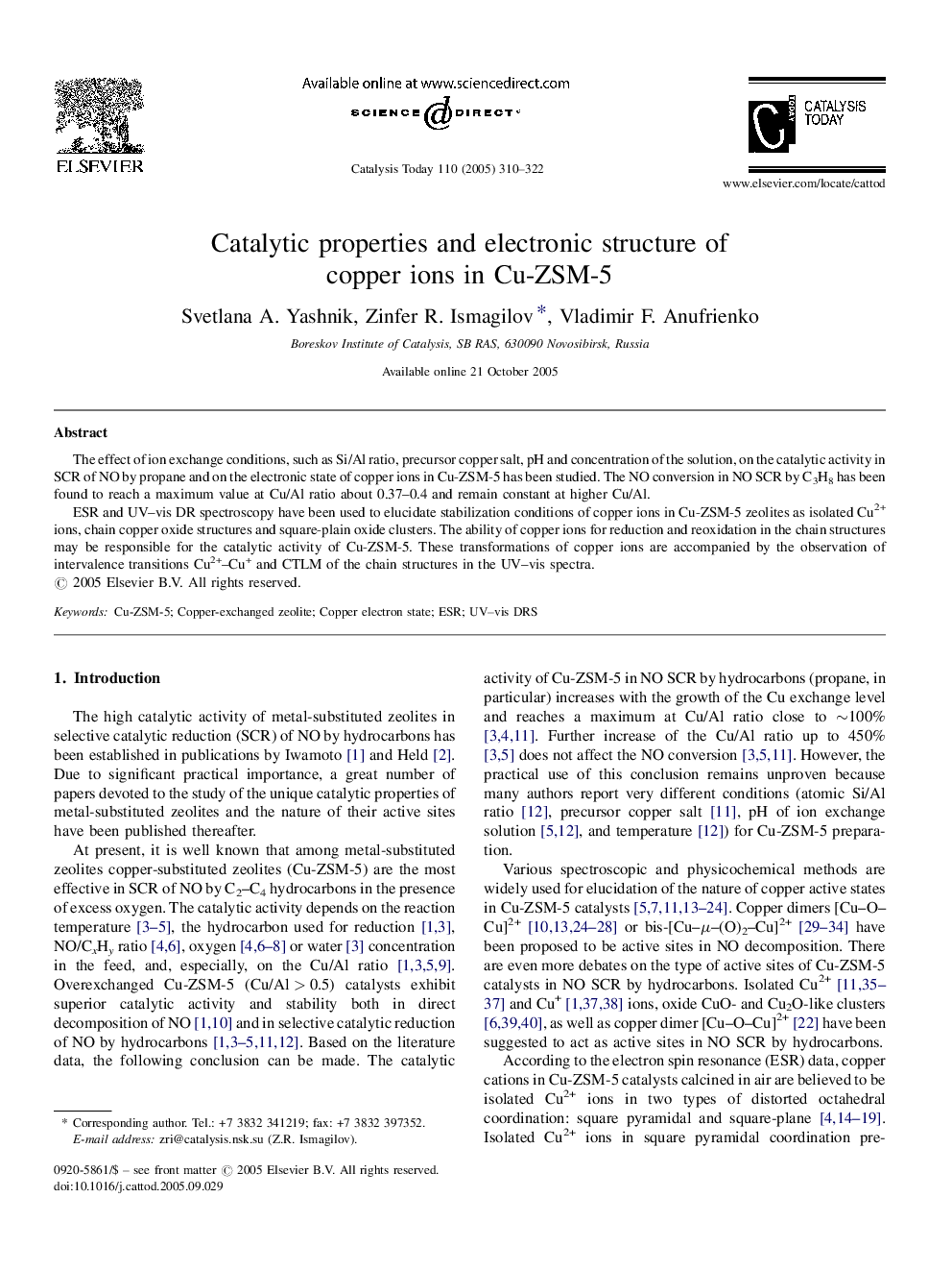 Catalytic properties and electronic structure of copper ions in Cu-ZSM-5