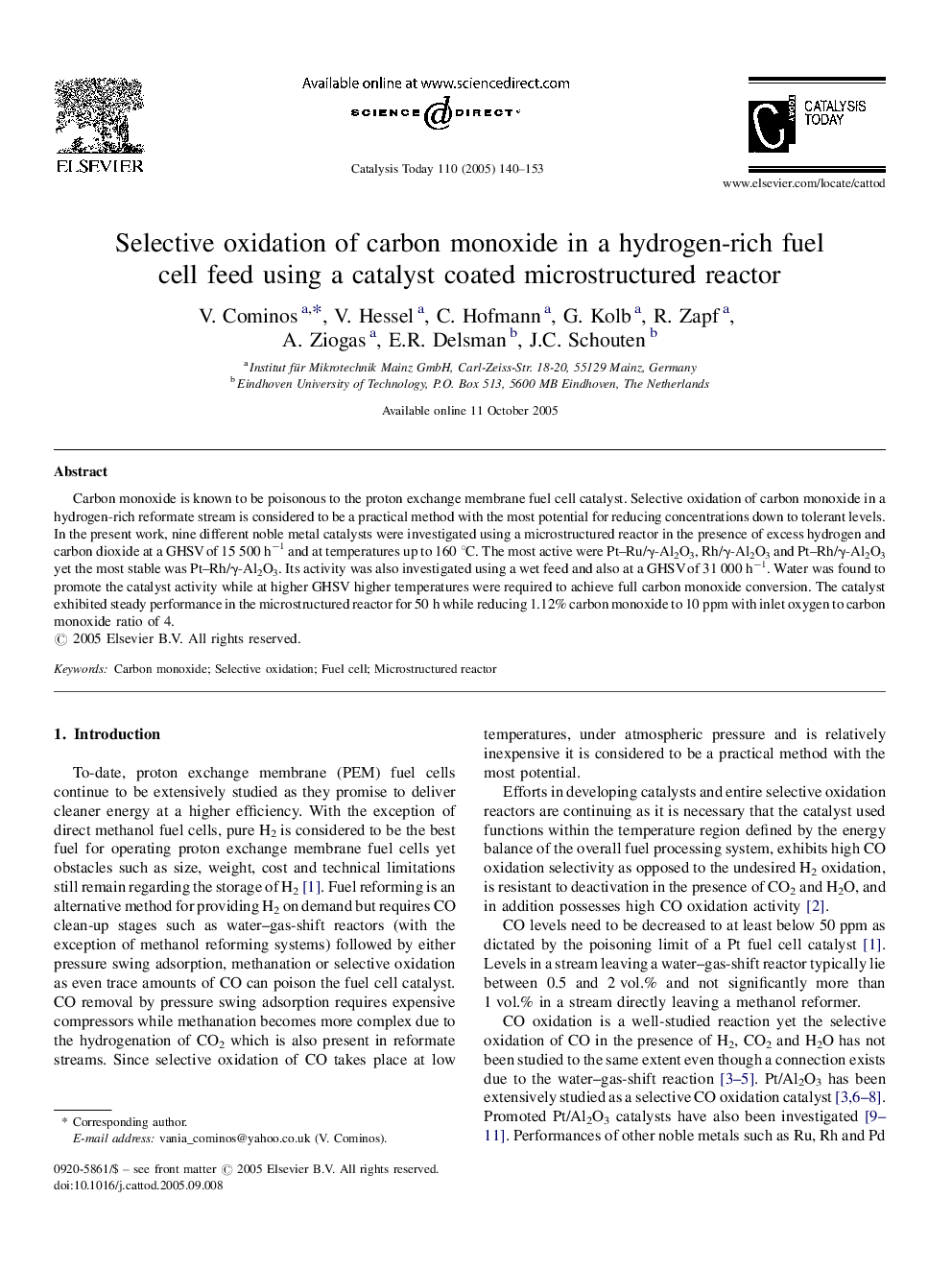 Selective oxidation of carbon monoxide in a hydrogen-rich fuel cell feed using a catalyst coated microstructured reactor