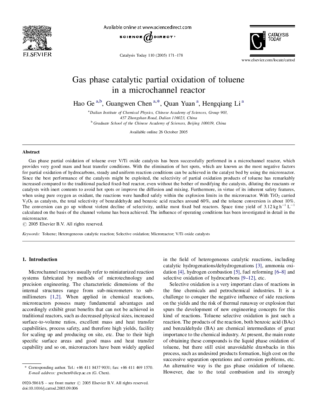 Gas phase catalytic partial oxidation of toluene in a microchannel reactor