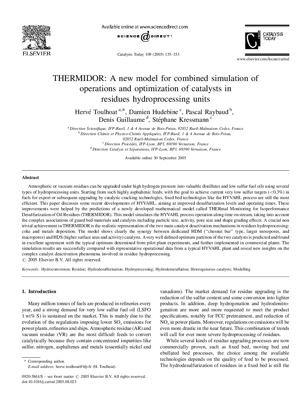 THERMIDOR: A new model for combined simulation of operations and optimization of catalysts in residues hydroprocessing units