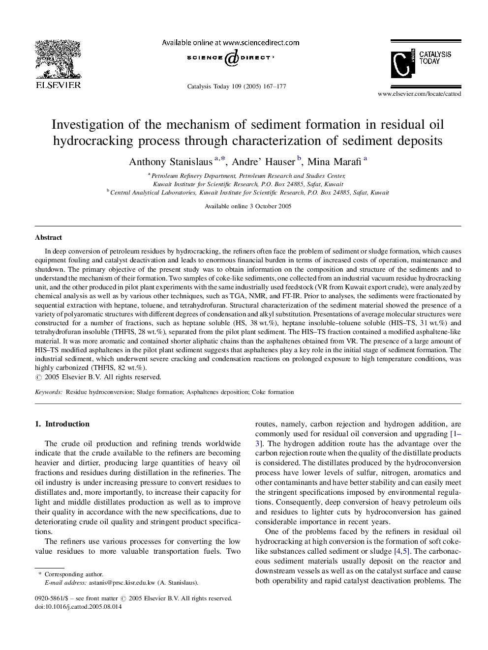 Investigation of the mechanism of sediment formation in residual oil hydrocracking process through characterization of sediment deposits