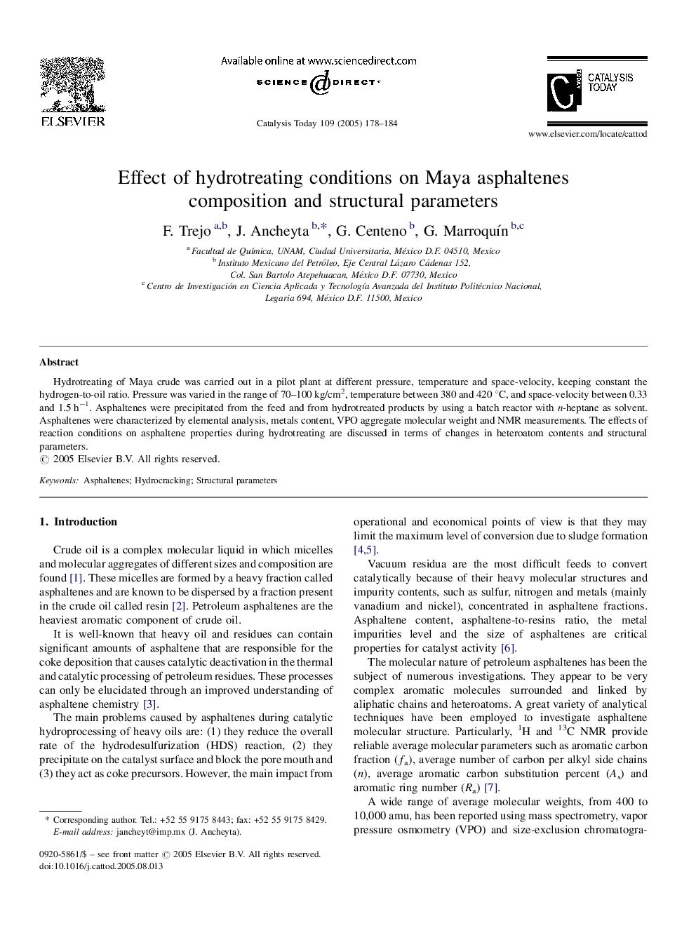 Effect of hydrotreating conditions on Maya asphaltenes composition and structural parameters