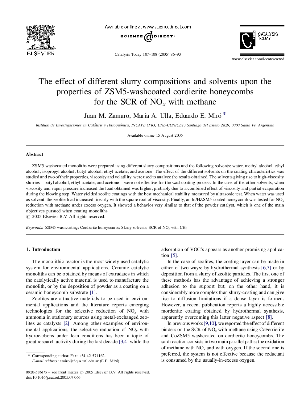The effect of different slurry compositions and solvents upon the properties of ZSM5-washcoated cordierite honeycombs for the SCR of NOx with methane