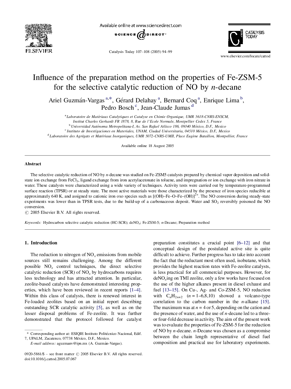 Influence of the preparation method on the properties of Fe-ZSM-5 for the selective catalytic reduction of NO by n-decane