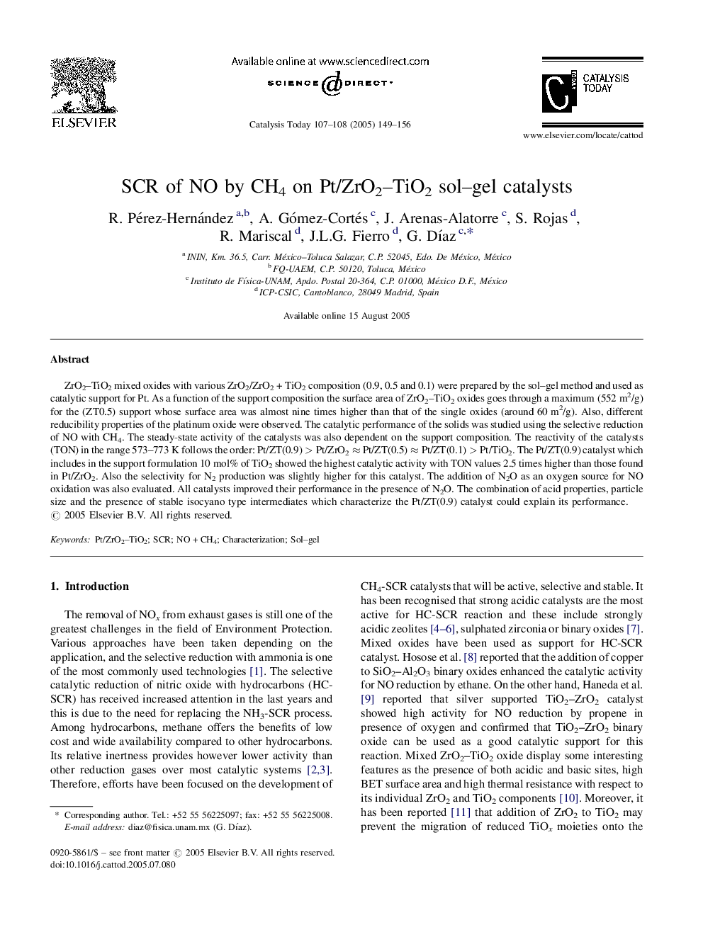 SCR of NO by CH4 on Pt/ZrO2-TiO2 sol-gel catalysts