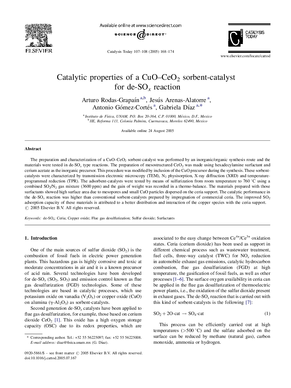 Catalytic properties of a CuO-CeO2 sorbent-catalyst for de-SOx reaction