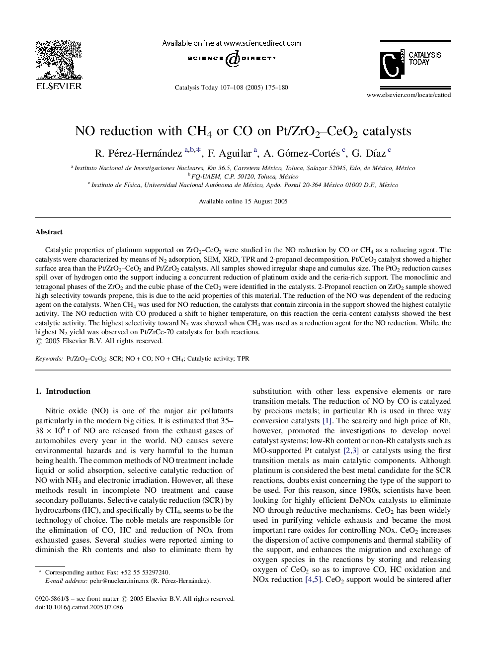 NO reduction with CH4 or CO on Pt/ZrO2-CeO2 catalysts