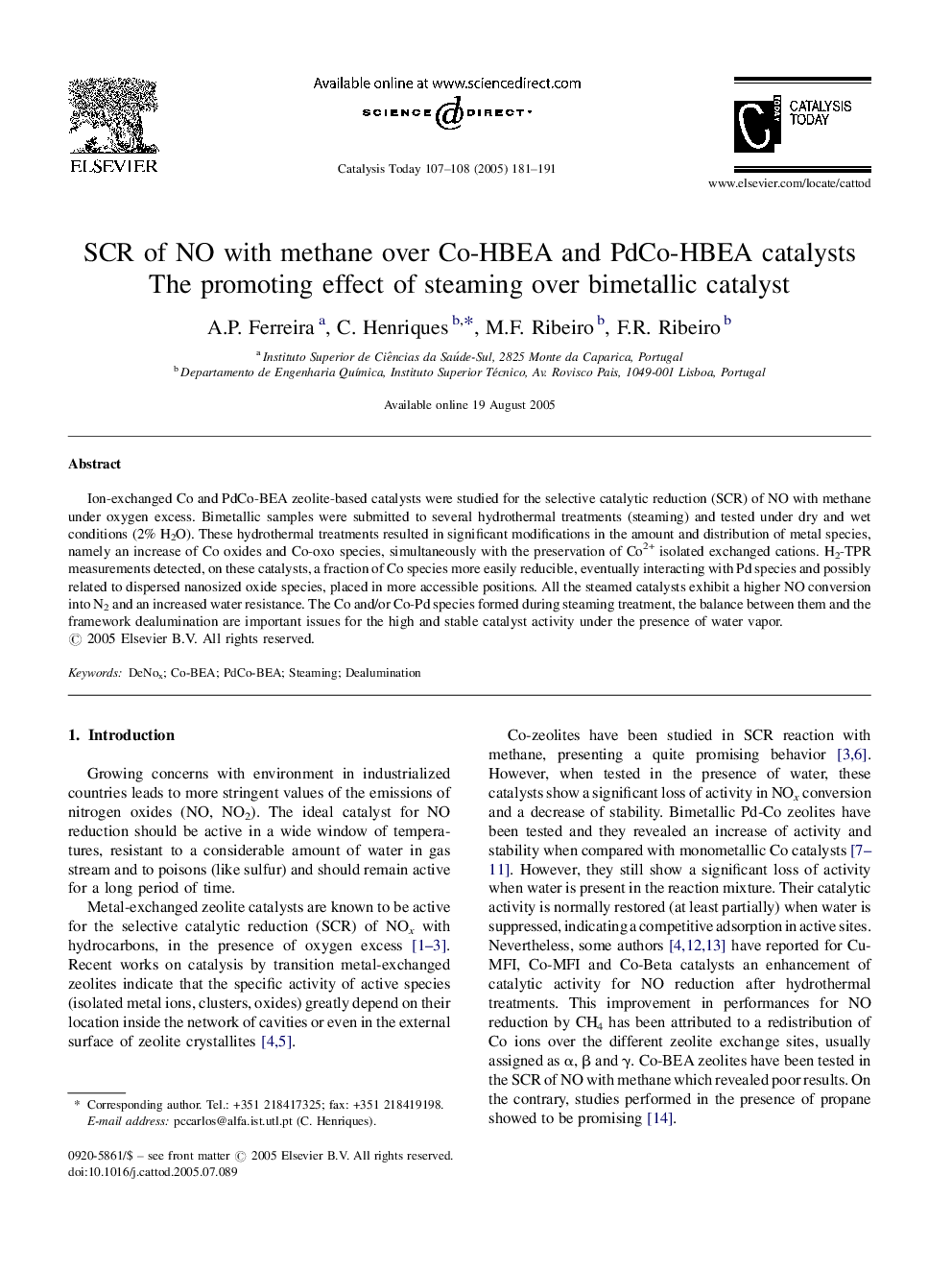 SCR of NO with methane over Co-HBEA and PdCo-HBEA catalysts