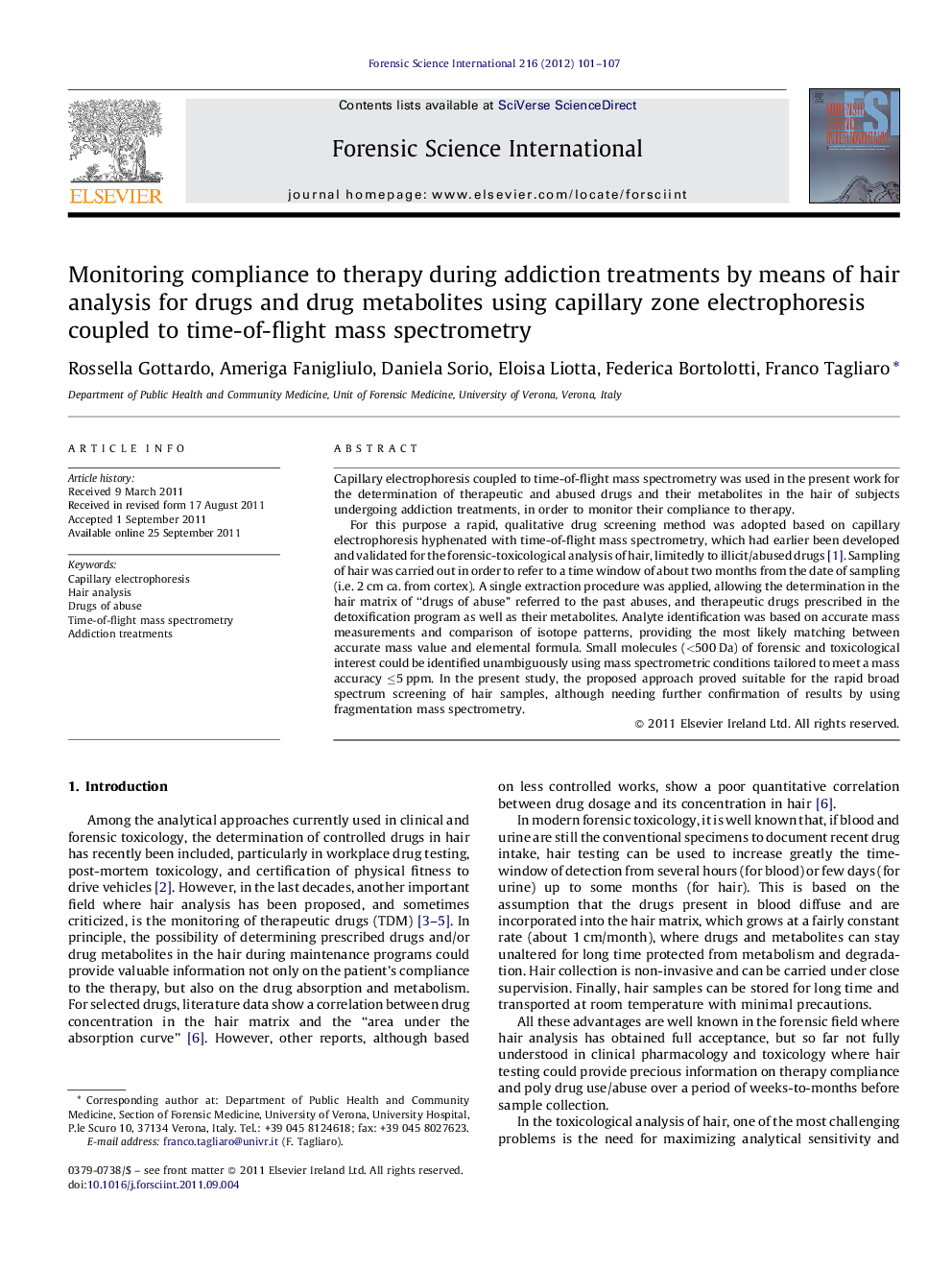 Monitoring compliance to therapy during addiction treatments by means of hair analysis for drugs and drug metabolites using capillary zone electrophoresis coupled to time-of-flight mass spectrometry