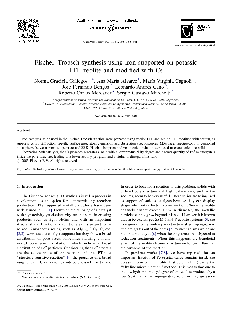 Fischer-Tropsch synthesis using iron supported on potassic LTL zeolite and modified with Cs