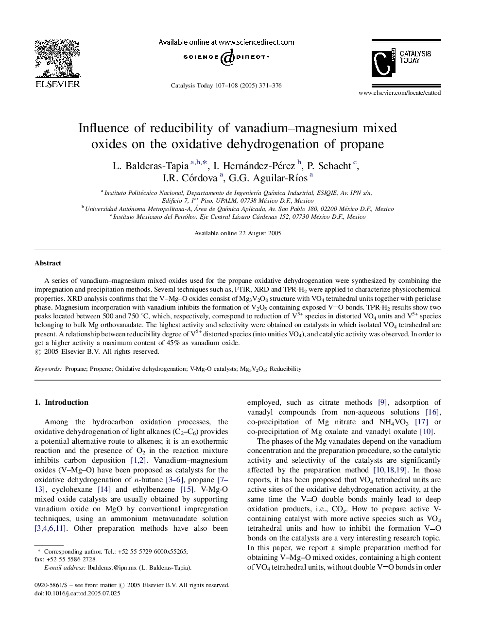 Influence of reducibility of vanadium-magnesium mixed oxides on the oxidative dehydrogenation of propane