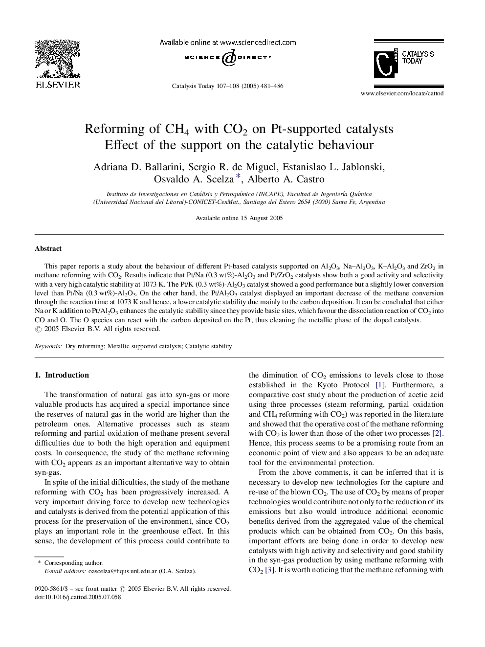 عکس صفحه اول مقاله: Reforming of CH4 with CO2 on Pt-supported catalysts Reforming of CH4 with CO2 on Pt-supported catalysts