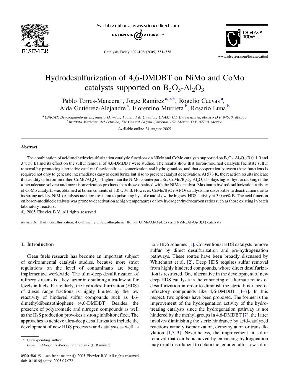 Hydrodesulfurization of 4,6-DMDBT on NiMo and CoMo catalysts supported on B2O3-Al2O3