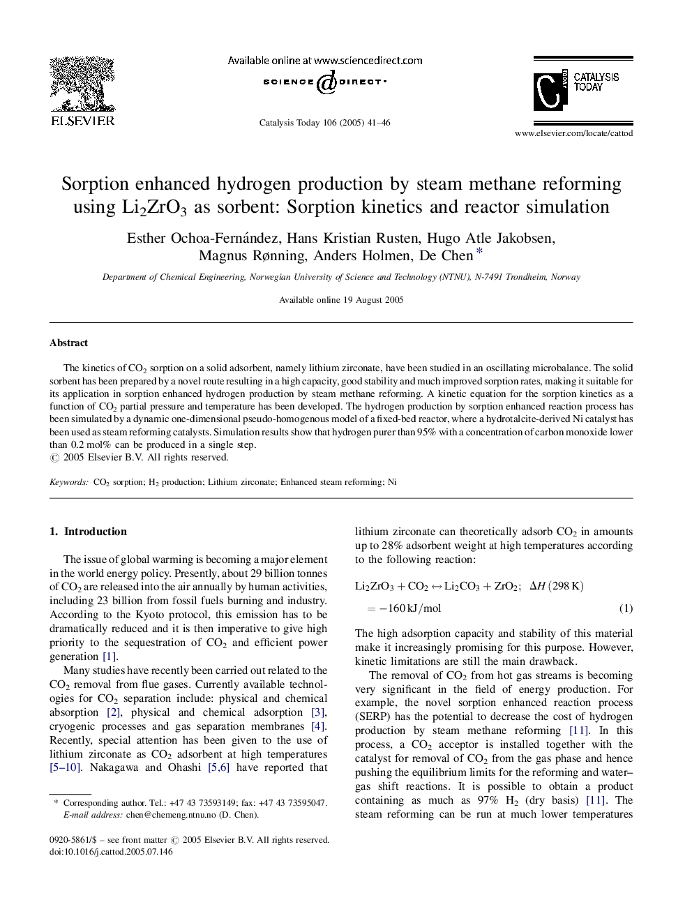 Sorption enhanced hydrogen production by steam methane reforming using Li2ZrO3 as sorbent: Sorption kinetics and reactor simulation