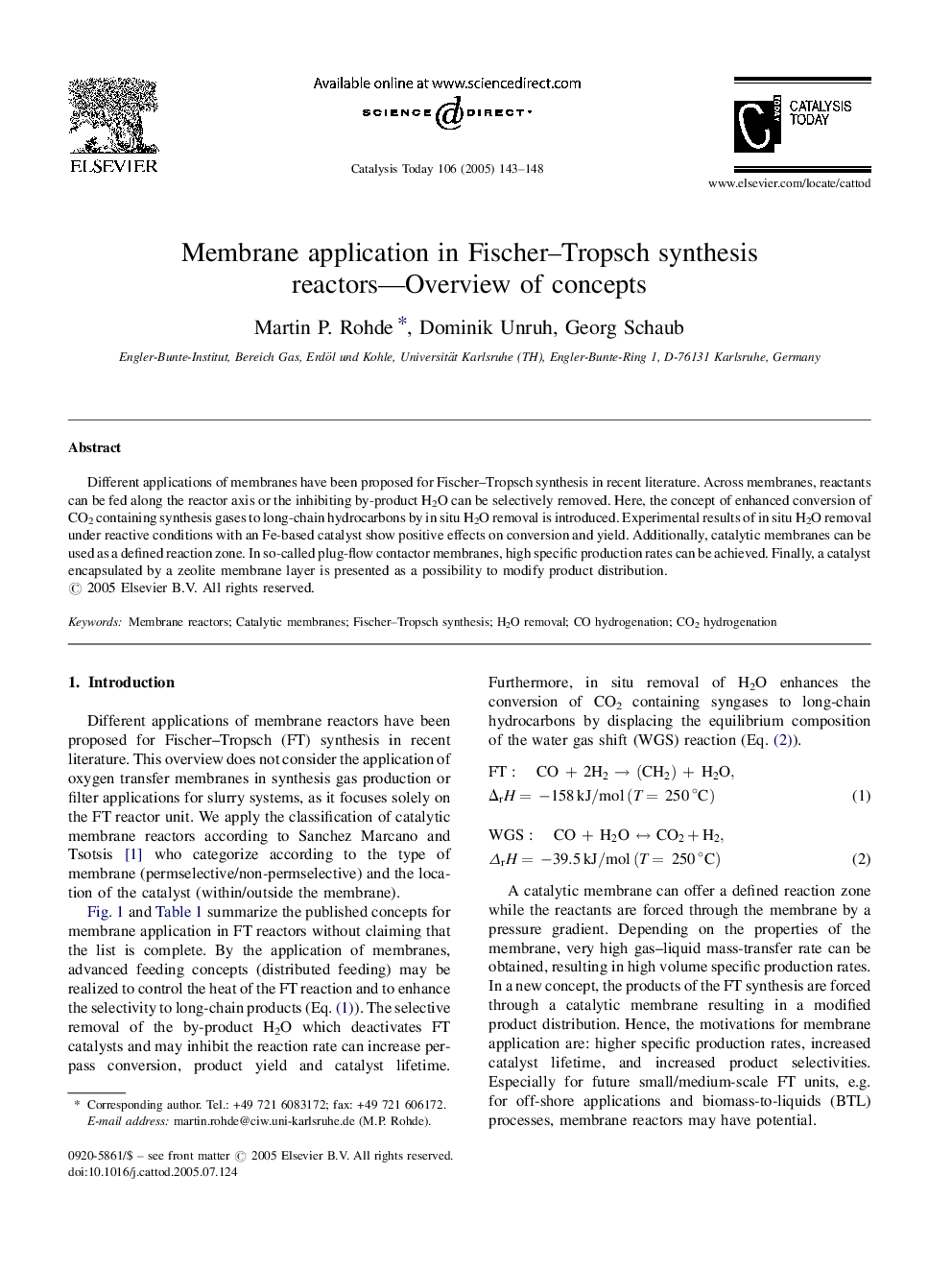 Membrane application in Fischer-Tropsch synthesis reactors-Overview of concepts