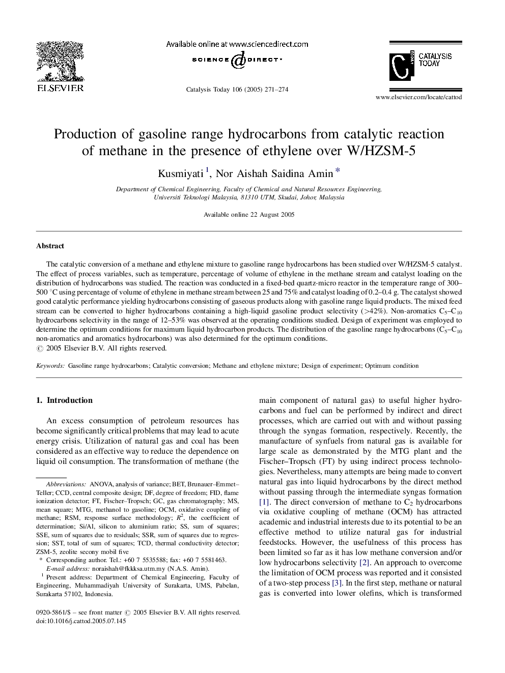 Production of gasoline range hydrocarbons from catalytic reaction of methane in the presence of ethylene over W/HZSM-5