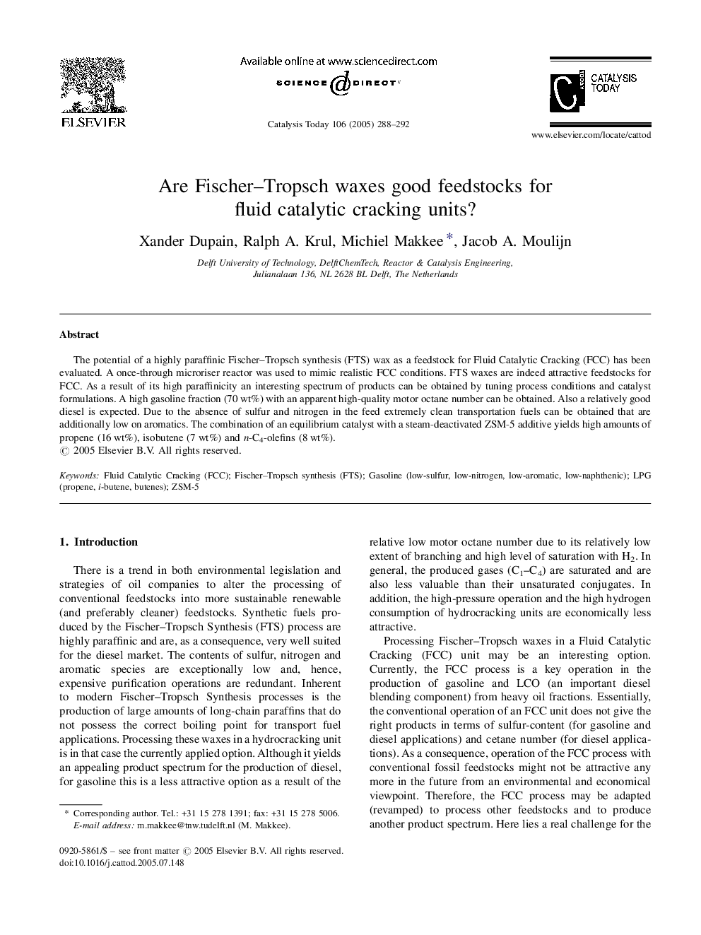 Are Fischer-Tropsch waxes good feedstocks for fluid catalytic cracking units?