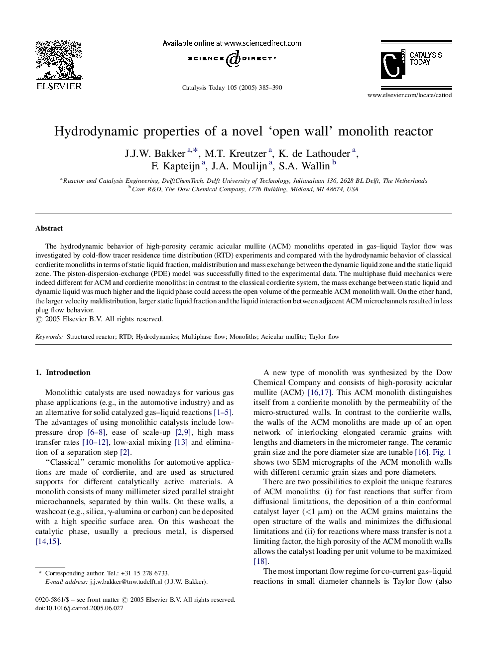 Hydrodynamic properties of a novel 'open wall' monolith reactor