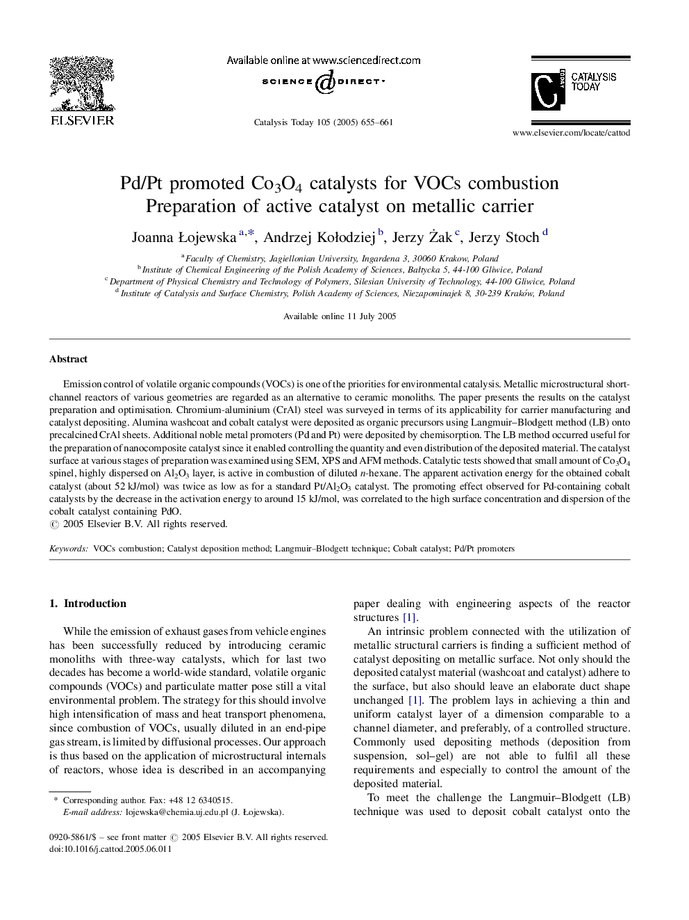 Pd/Pt promoted Co3O4 catalysts for VOCs combustion