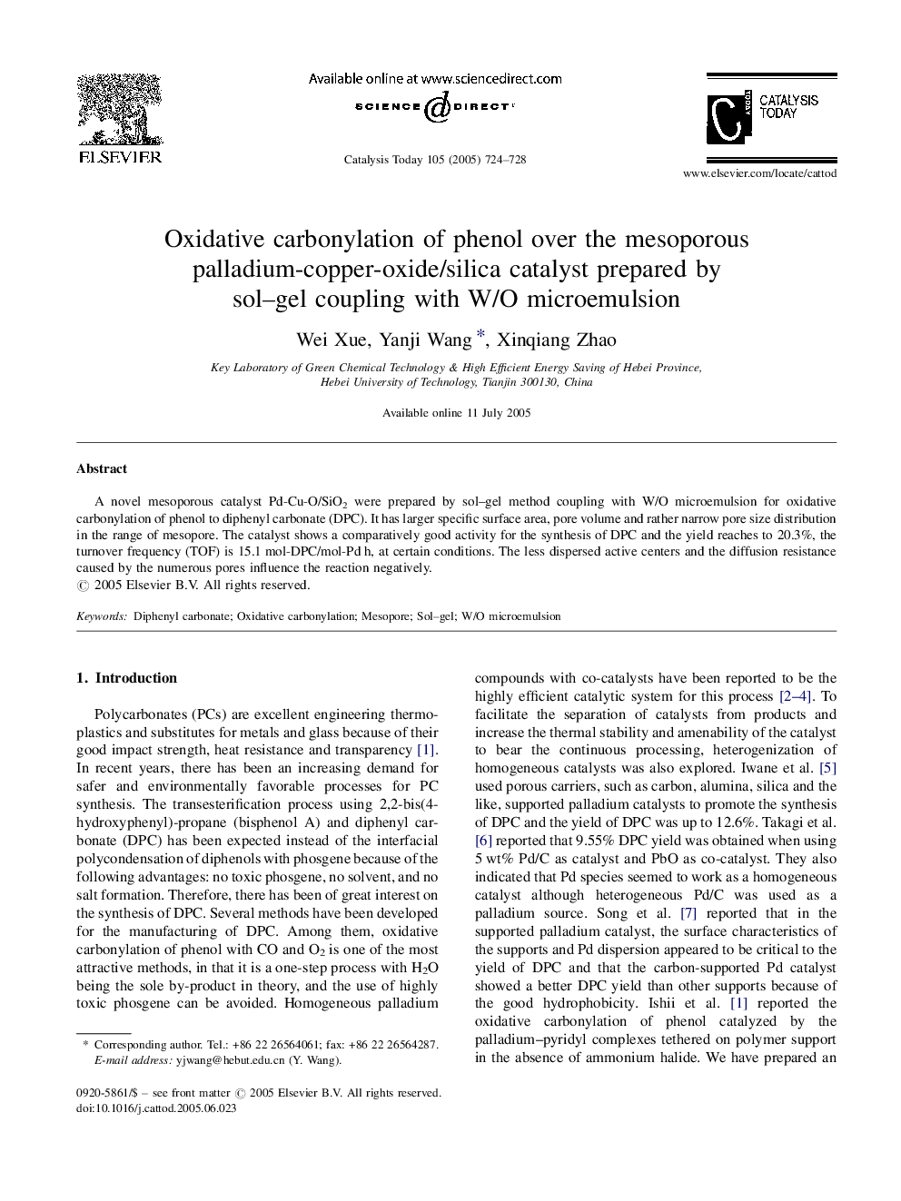 Oxidative carbonylation of phenol over the mesoporous palladium-copper-oxide/silica catalyst prepared by sol-gel coupling with W/O microemulsion