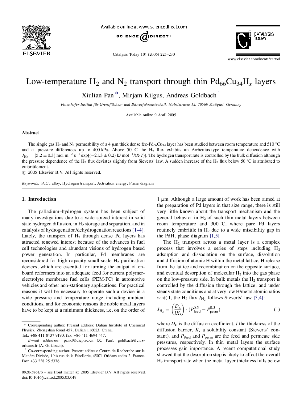 Low-temperature H2 and N2 transport through thin Pd66Cu34Hx layers