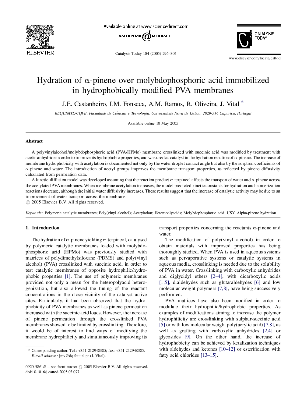 Hydration of Î±-pinene over molybdophosphoric acid immobilized in hydrophobically modified PVA membranes