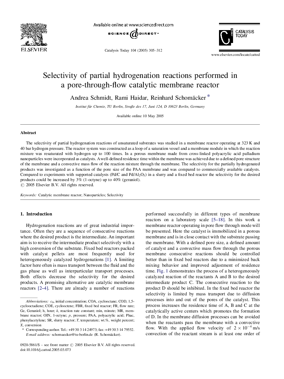 Selectivity of partial hydrogenation reactions performed in a pore-through-flow catalytic membrane reactor