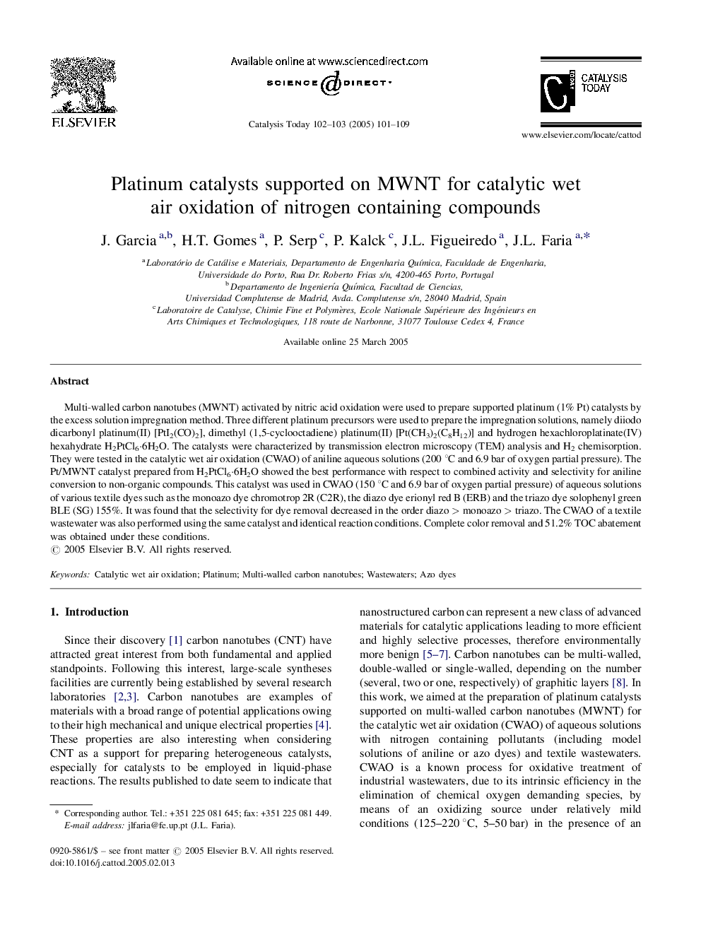 Platinum catalysts supported on MWNT for catalytic wet air oxidation of nitrogen containing compounds