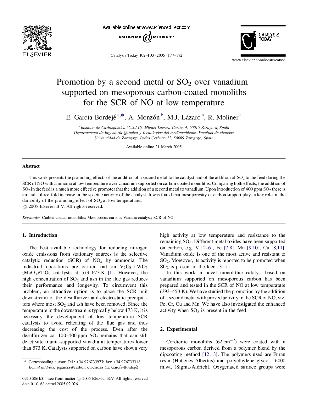 Promotion by a second metal or SO2 over vanadium supported on mesoporous carbon-coated monoliths for the SCR of NO at low temperature