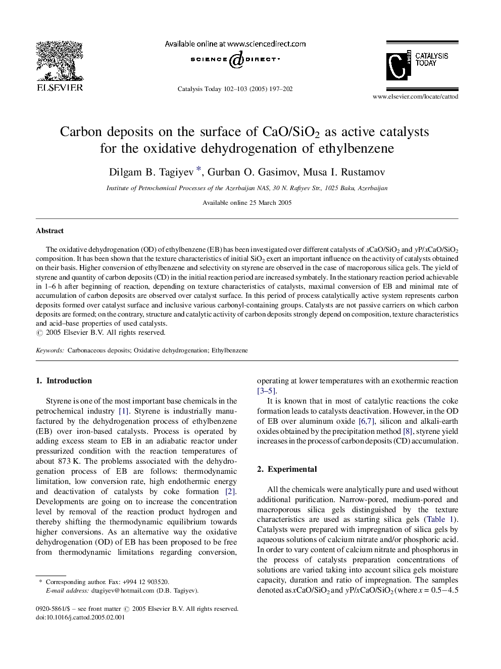 Carbon deposits on the surface of CaO/SiO2 as active catalysts for the oxidative dehydrogenation of ethylbenzene