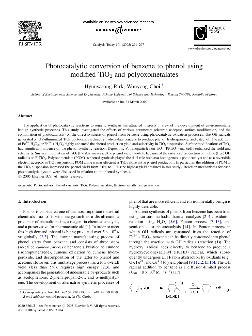 Photocatalytic conversion of benzene to phenol using modified TiO2 and polyoxometalates